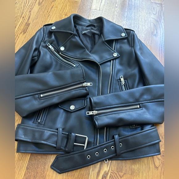 Zara vegan leather black belted biker jacket sz. XS - Picture 12 of 16
